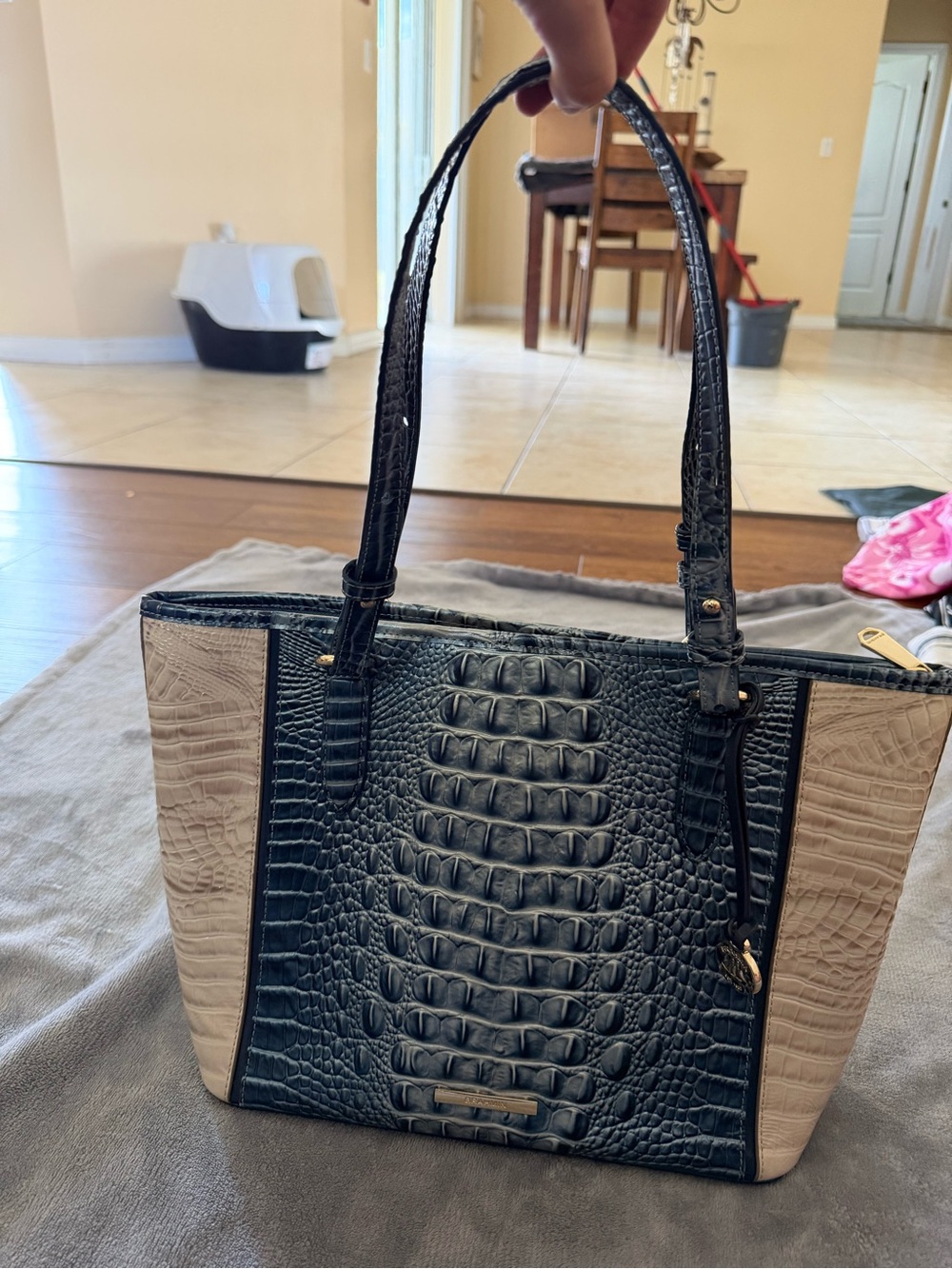 Croc-Embossed Two-Tone Tote in Black and Beige